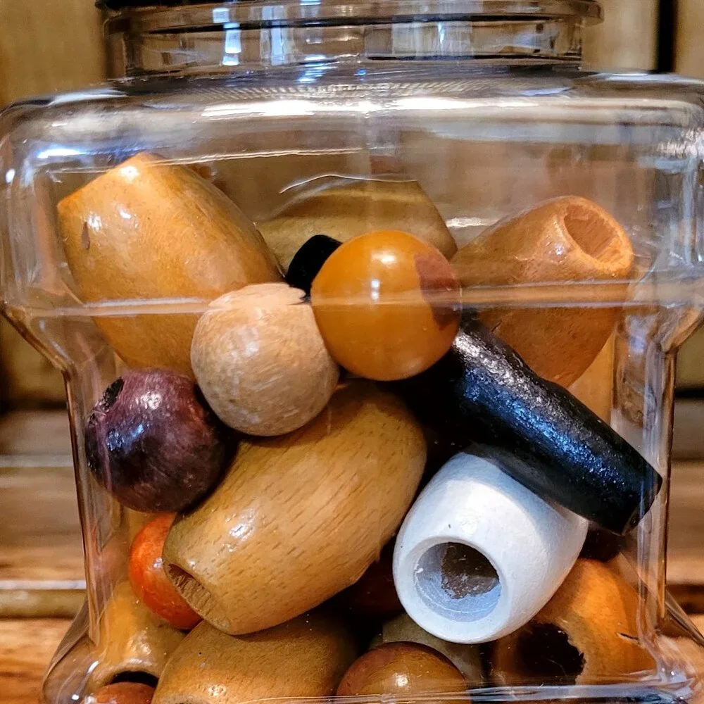 Jug of Multi-Colored Small, Med. Large Wooden Beads & Small Colored Clothespins